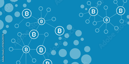 Abstract network of interconnected bitcoin symbols on a blue background with circles