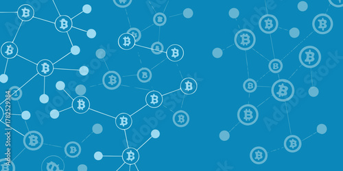 Abstract interconnected network of bitcoin symbols on a blue background representing cryptocurrency and digital finance