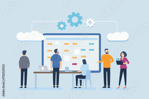 Diverse team collaborating on a project timeline and strategy using a large digital board and cloud technology