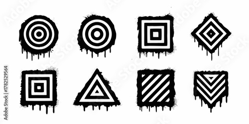 Collection of eight black and white geometric shapes with drip effect and rough edges