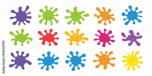 Collection of colorful paint splatters and ink blots in various bright colors on white background
