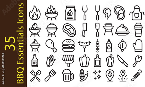 35 BBQ Essentials Line Icons Set