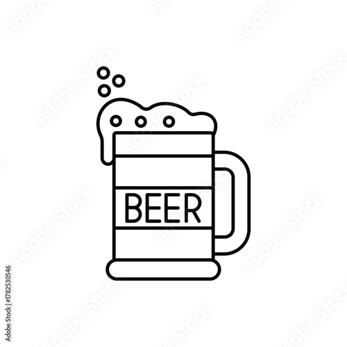 A line drawing depicts a beer mug The mug has the word BEER printed on its side and frothy foam above it Bubbles float above