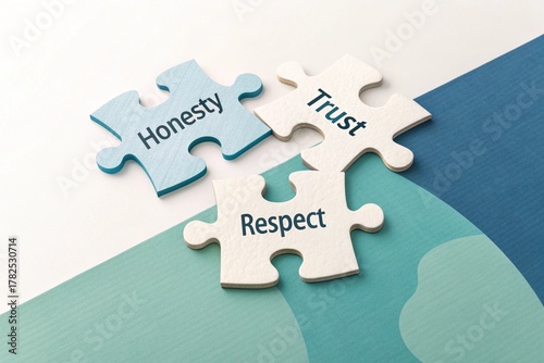 Three interconnected puzzle pieces representing the core values of honesty trust and respect forming a strong foundation for relationships