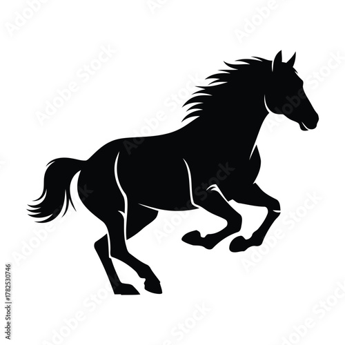 Silhouette of a galloping horse in black on a white background, capturing dynamic movement.