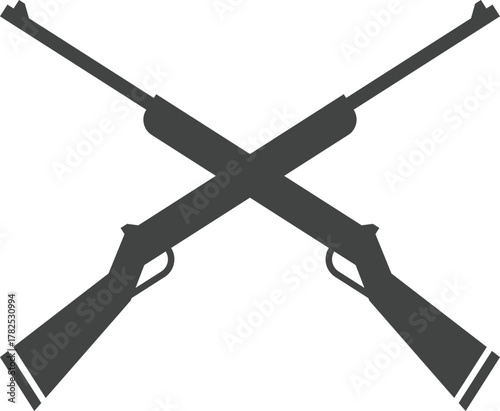 A bold black silhouette of two crossed rifles, a classic symbol for hunting, military, defense, and firearms, perfect for logos, emblems, or graphic designs requiring a strong, iconic representation.