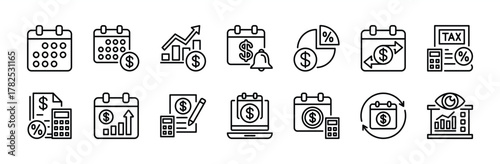 Tax day thin line icon set. Contains fiscal year calendar, statement, calculate tax, rate, reminder, deadline, percentage invoice, growth income, financial accounting report, audit vector illustration
