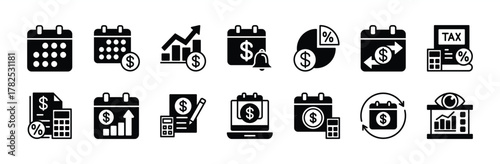 Tax day icon vector set. Contains fiscal year calendar, statement, calculate tax, reminder, deadline, percentage invoice, growth income, rate, financial accounting report, audit, debt. Illustration