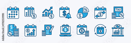 Set of tax day icon. Contains fiscal year calendar, calculate tax, statement, reminder, deadline, percentage invoice, growth income, rate, financial accounting report, audit, debt. Vector illustration