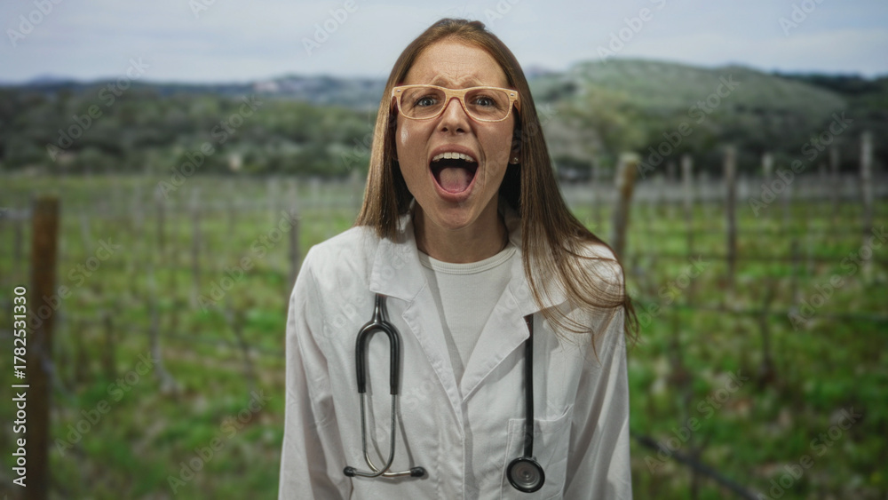 Fototapeta premium Woman doctor in white coat wearing stethoscope and glasses, mouth wide open shouting in vineyard field outdoors; alarm.