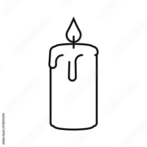 A line drawing of a candle with a flame atop partially melted wax dripping down its sides
