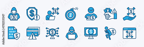 Set of fraud icon. Contains hacker, digital data phishing, money thief, scam, cyberspace risk, financial security alert, warning notification, crime, theft, cyber protection. Vector illustration