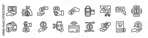 Payment transaction thin line icon set. Contains cash, bank transfer, change money, discount price, pay button, digital mobile method, QR code, receipt, credit card, transfer, wallet - vector