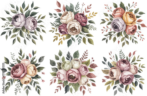 Elegant watercolor rose bouquets for weddings, invitations, or feminine designs; versatile floral arrangements for creative projects, stationery, and branding