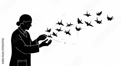 Scientist launches paper airplanes symbolizing innovation and progress