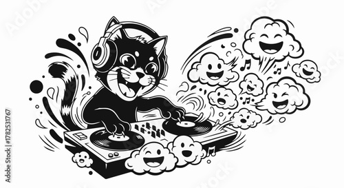 Joyful cartoon cat DJ spinning records with happy clouds dancing to the music