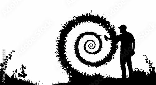 Silhouette of a gardener creating a swirling spiral of leaves and nature
