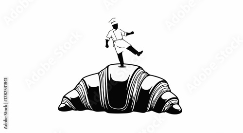 Playful baker balances atop a giant croissant, celebrating culinary creation