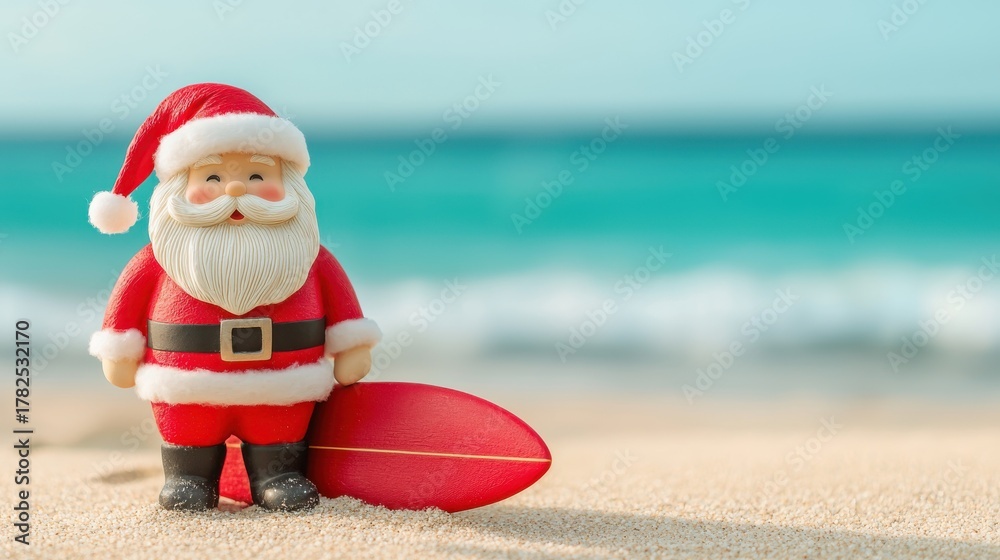 Obraz premium Santa Claus on Beach with Surfboard, Holiday Spirit in Summer, Festive Fun, Tropical Vibes, Relaxation by Ocean Waves, Cheerful Recreation