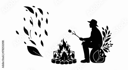Silhouette of person roasting marshmallow over campfire under falling leaves
