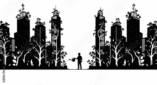 Person watering plants in a city skyline, symbolizing urban greening and sustainability.