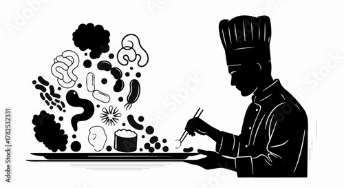 Chef creating culinary art with diverse ingredients on a platter