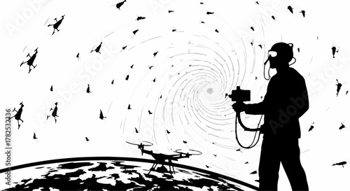 Person in VR headset controls swarm of drones in futuristic digital vortex