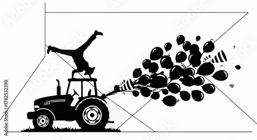 Energetic acrobat performs a handstand on a tractor, launching a colorful burst of balloons and confetti.
