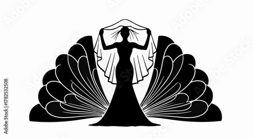 Elegant silhouette of a bride in a flowing gown with a veil, framed by decorative fan-like elements.