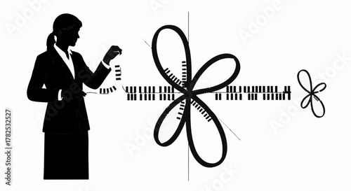 Silhouette of a woman in a suit interacting with a complex mathematical or scientific diagram