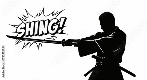 Silhouette of a warrior performing a swift sword strike with a comic book sound effect.