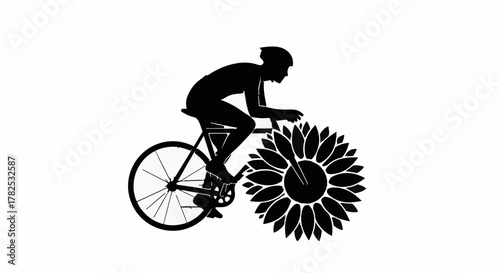 Silhouette of a cyclist with a sunflower wheel, symbolizing nature and sport