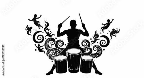 Energetic drummer silhouetted against swirling abstract shapes and dancing figures, creating vibrant music