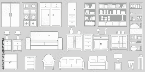 Collection of line art furniture and home decor elements on a gray background