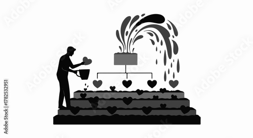 Person nurturing growing hearts from a planted garden, symbolizing love and growth.