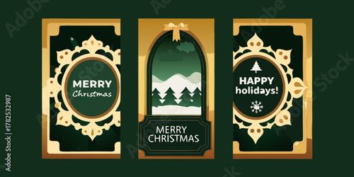 Set of three festive christmas greeting cards with elegant borders and winter forest scenes