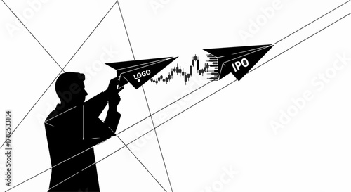 Businessman launches paper airplanes representing IPO and LOGO, symbolizing financial growth and company launch.