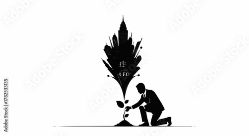 Businessman nurturing a growing plant that transforms into a city skyline, symbolizing development and future growth.