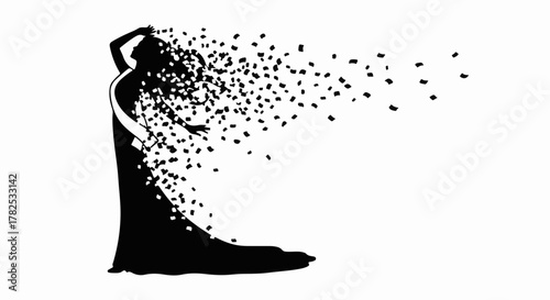 Elegant silhouette of a woman dissolving into a cloud of particles, representing transformation or disappearance.