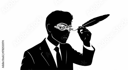 Focused man in suit meticulously examines text through a quill pen magnifying glass.