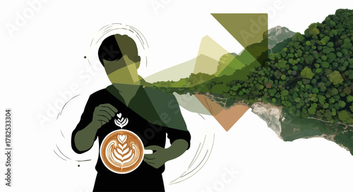 Barista creating latte art, connecting coffee culture with lush nature