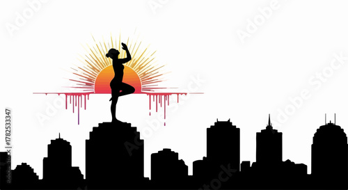 Silhouette of a woman practicing yoga on a rooftop against a vibrant sunrise over a cityscape.