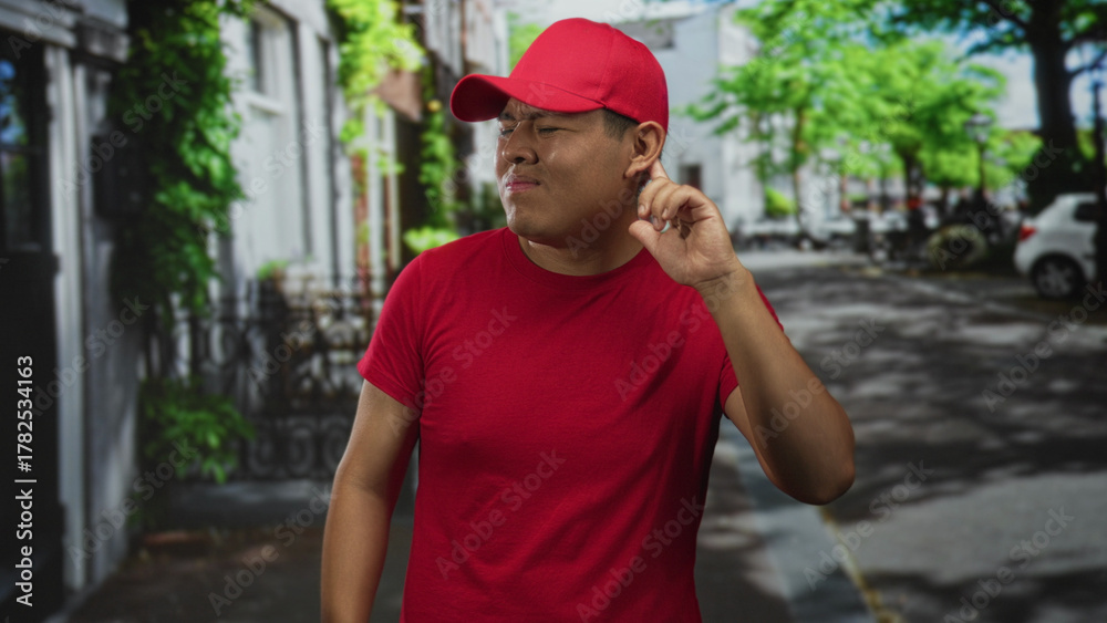 Obraz premium Young man in red delivery uniform touching his ear and squinting on a city street with parked cars and storefronts; frustration.