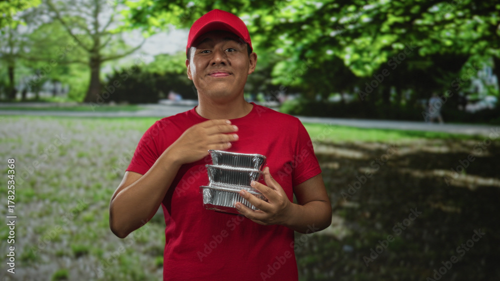 Fototapeta premium Hispanic man in red cap and shirt holding stacked foil food containers with hands while smiling in forest park path; service pride.