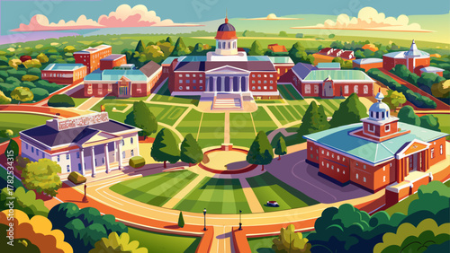 Very beautiful aerial view of McKeldin Mall with McKeldin Library at the center, surrounded by academic buildings and lush green lawns at the University of Maryland on a sunny day, with realistic vibr