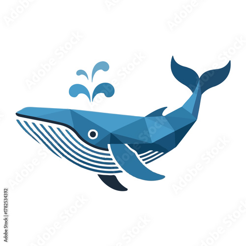 A stylized blue whale illustration with water spouting, isolated on a