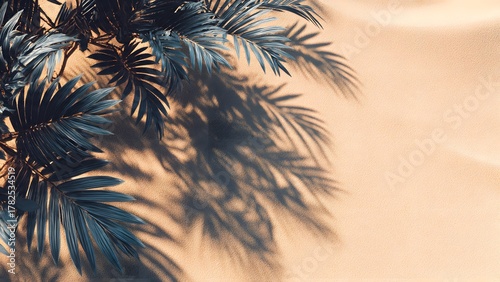 Shadows of palm trees on the sand, beach background, palm tree frame