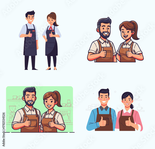 Four illustrations depict smiling male and female figures with thumbs up, wearing aprons.