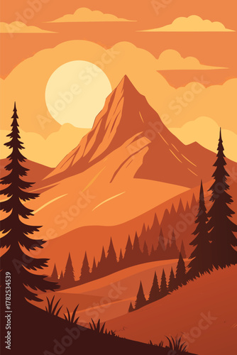 Mountain landscape with sunset and pine trees