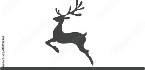 A dynamic black silhouette of a leaping deer or stag with prominent antlers, symbolizing freedom, grace, and wilderness, ideal for logos, icons, or designs focused on nature, wildlife, hunting etc